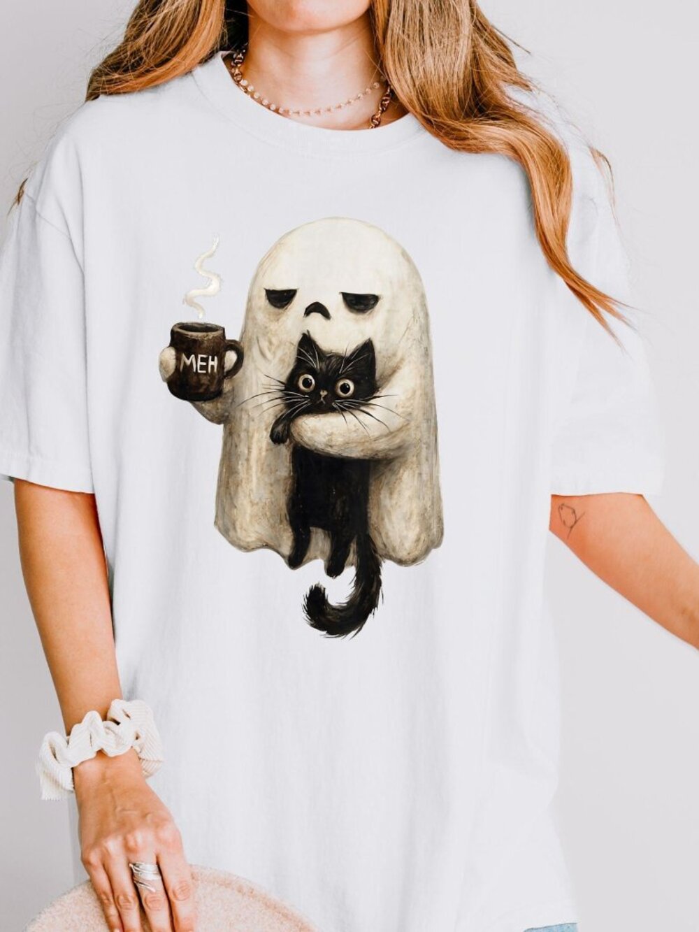 Ghost Cat Spooky Black Cat Funny Halloween Coffee Lover Shirt